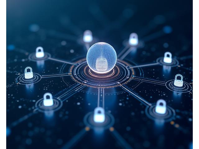 Abstract graphic of interconnected digital lock icons and a secure network, symbolizing robust data encryption and cybersecurity.