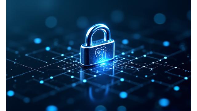 Abstract image representing data security and confidentiality with a metallic blue lock icon overlaying a network grid.