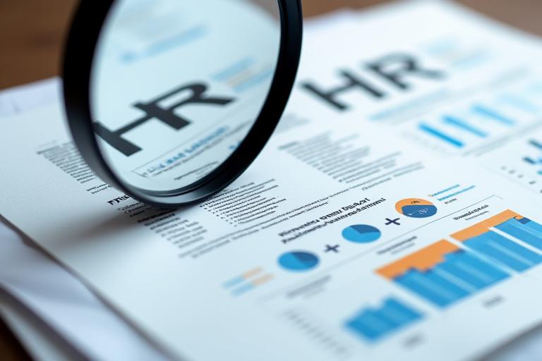 Magnifying glass over a stack of human resources documents, symbolizing detailed audit