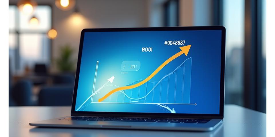 Graphic showing cost savings and ROI growth on a digital screen