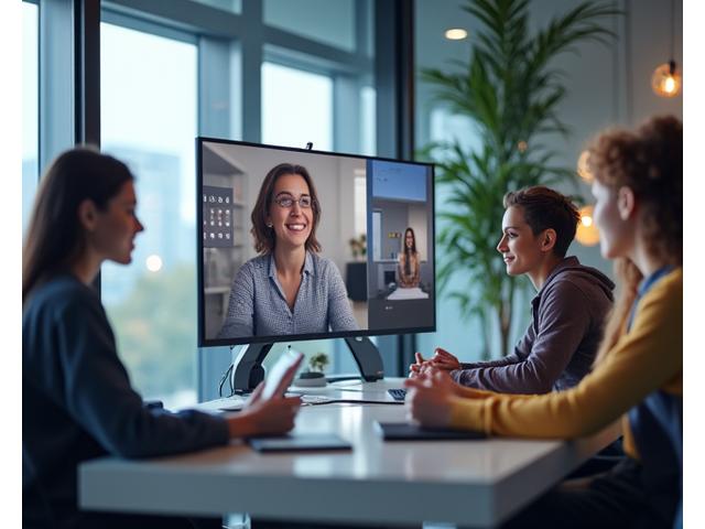 Diverse team members collaborating virtually on screens