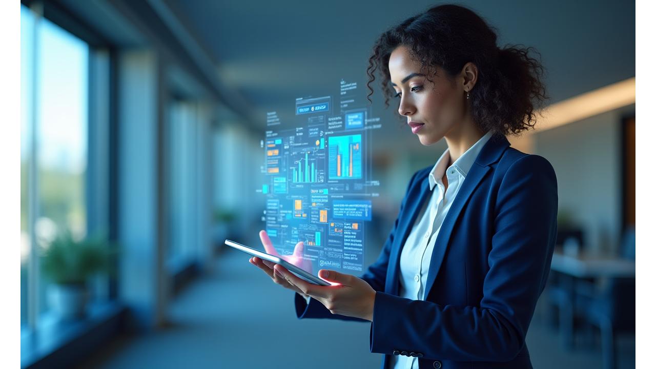 Maple Hearth Resourcing payroll professional reviewing digital financial data on a tablet, with Canadian flag elements subtly in the background indicating Toronto-based service.