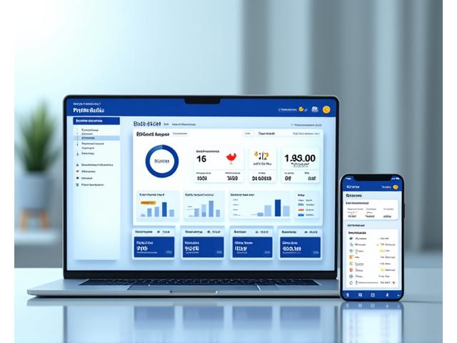 Screenshot of a sleek, modern cloud-based payroll dashboard with real-time data, accessible on a laptop and mobile phone.