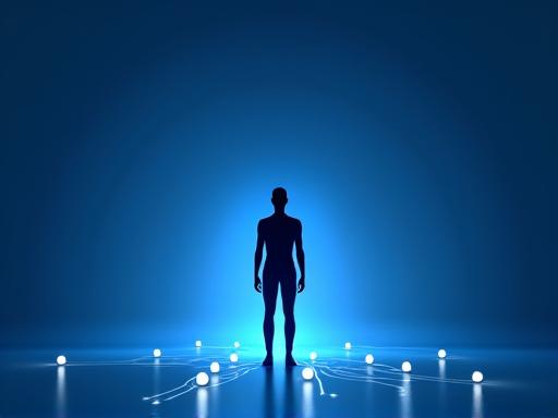 Abstract illustration of a leader figure guiding a team from a distance, connected by digital lines