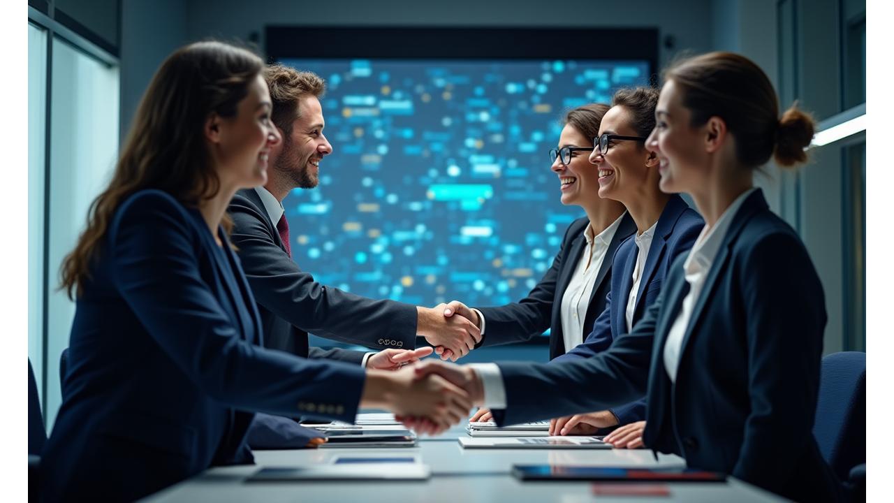 A diverse group of tech professionals shaking hands, symbolizing successful hiring and collaboration.