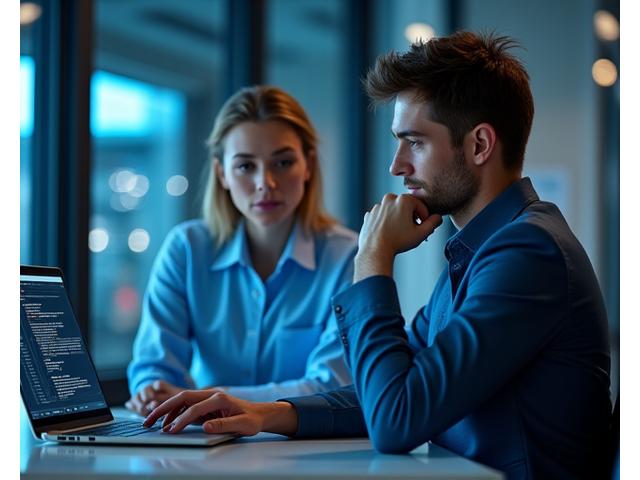 Two professionals discussing code on a laptop during a technical interview.