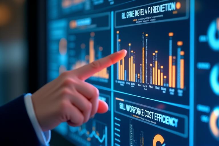 Analytical dashboard displaying key workforce metrics like turnover rates, skill gaps, and cost analysis, indicating data-driven HR strategy.